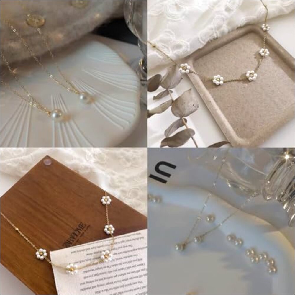 Gold-Plated Pearl Daisy Layered Necklace, 16 Inch Chain, Hypoallergenic - Picture 6 of 6